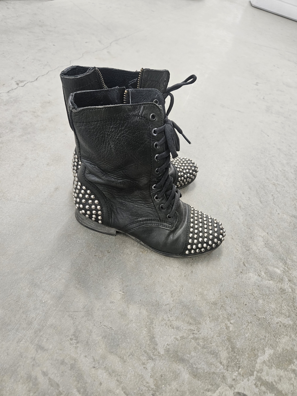 Steve Madden Black Studded Lace-Up Combat Boots with Side Zipper